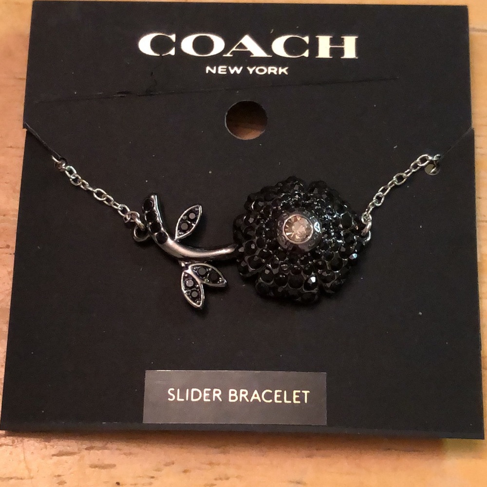 Coach Silver Tone Sparkling Black Daisy Slider Bracelet Crystal Accents NWT - Picture 3 of 11